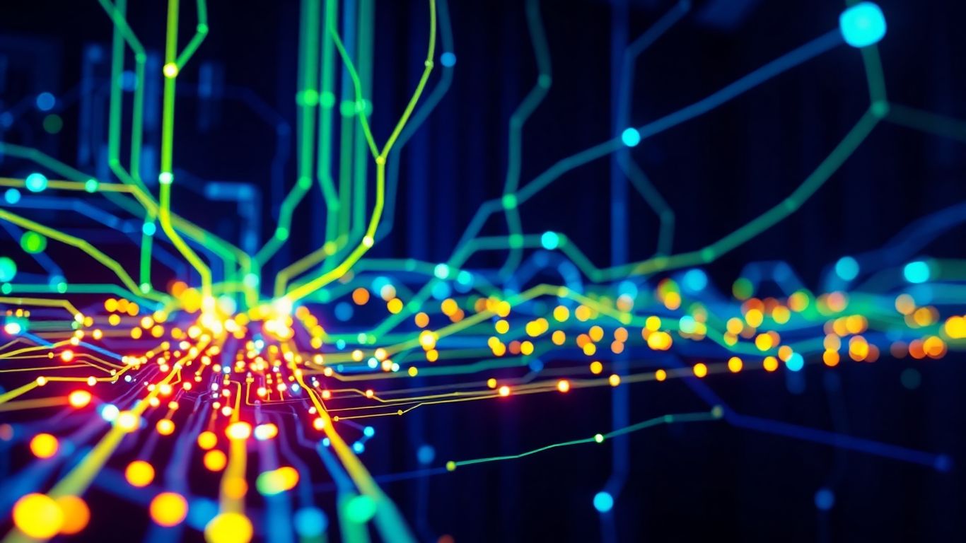 Circuitos digitais e fluxos de dados interconectados.